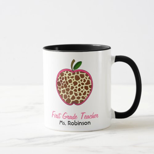 First Grade Teacher Mug _ Giraffe Print Apple