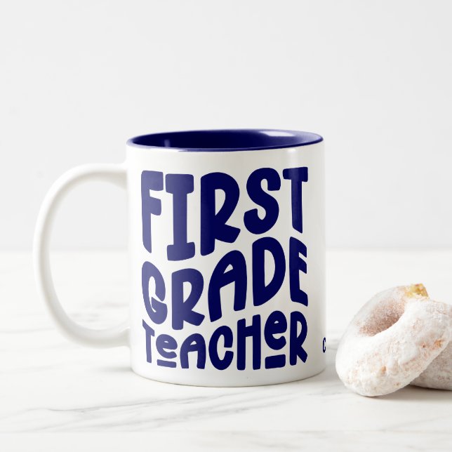 First Grade Teacher Navy Blue Text  Two-Tone Coffee Mug (With Donut)