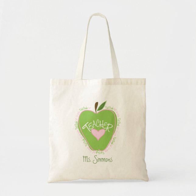 First Grade Teacher Pink and Green Apple Tote Bag (Front)