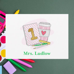First Grade Teacher Pink Polka Dots Gold 1 Custom Note Card