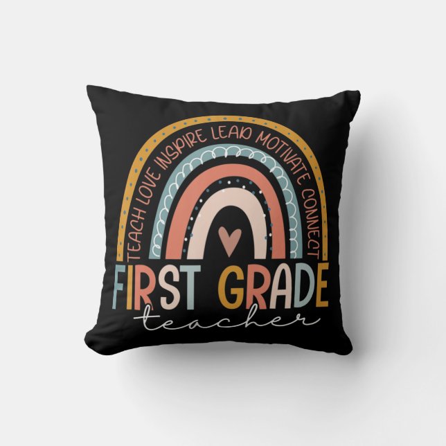 First Grade Teacher Teach Love Inspire Boho Rainbo Throw Pillow (Front)
