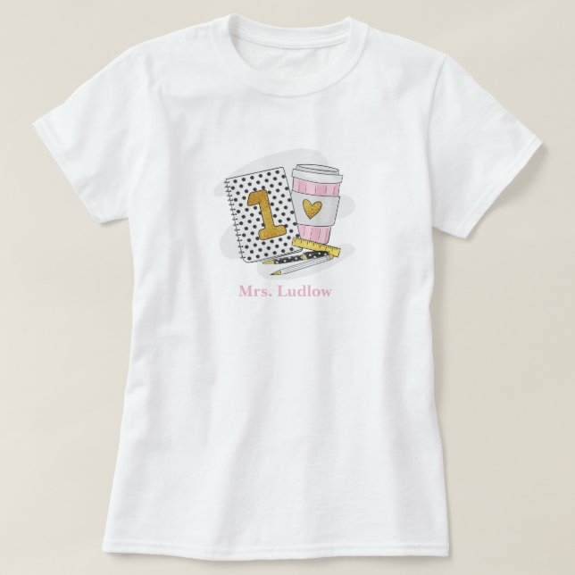 First Grade Teacher White Polka Dot Heart Coffee  T-Shirt (Design Front)