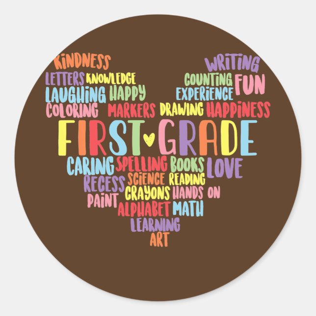 First Grade Teacher Words Heart  Classic Round Sticker (Front)