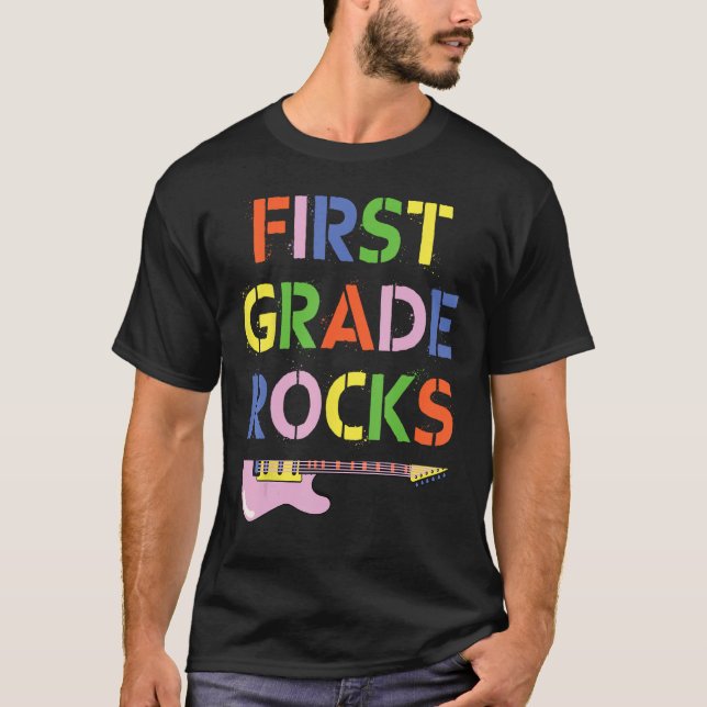 First Grader Rockstar 1st Grade Rocks Teacher Team T-Shirt (Front)