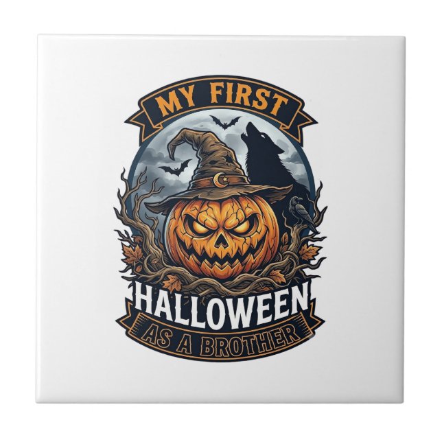 First Halloween As Brother Pumpkin Wolf Moon_1 Ceramic Tile (Front)