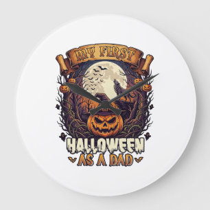 First Halloween As Dad Pumpkin Wolf Moon_1 Large Clock