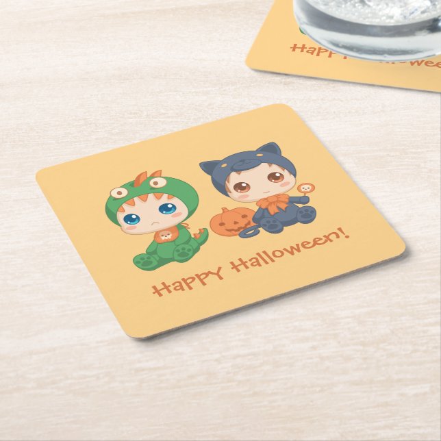First Halloween Babies Black Cat Dragon Costume Square Paper Coaster (Angled)