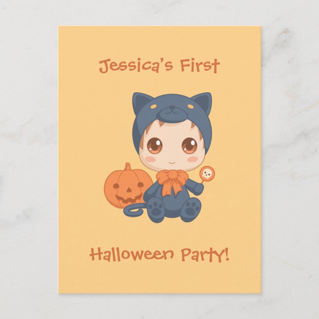 First Halloween Baby Black Cat Party Invitation Postcard (Front)