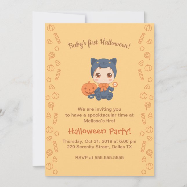 First Halloween Baby Cute Black Cat Party Invitation (Front)