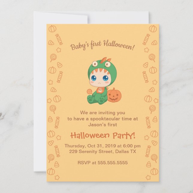 First Halloween Baby Cute Dragon Dinosaur Party Invitation (Front)