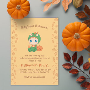 First Halloween Baby Cute Dragon Dinosaur Party Invitation