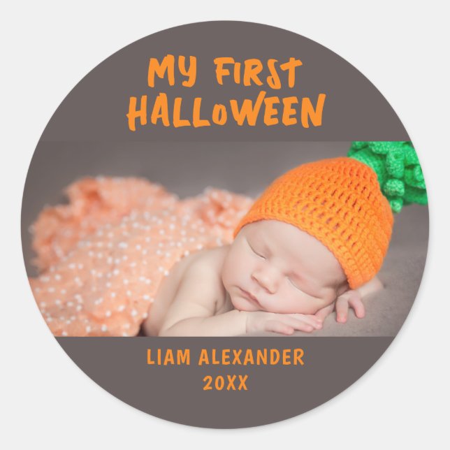 First Halloween Baby Photo Gray Classic Round Sticker (Front)