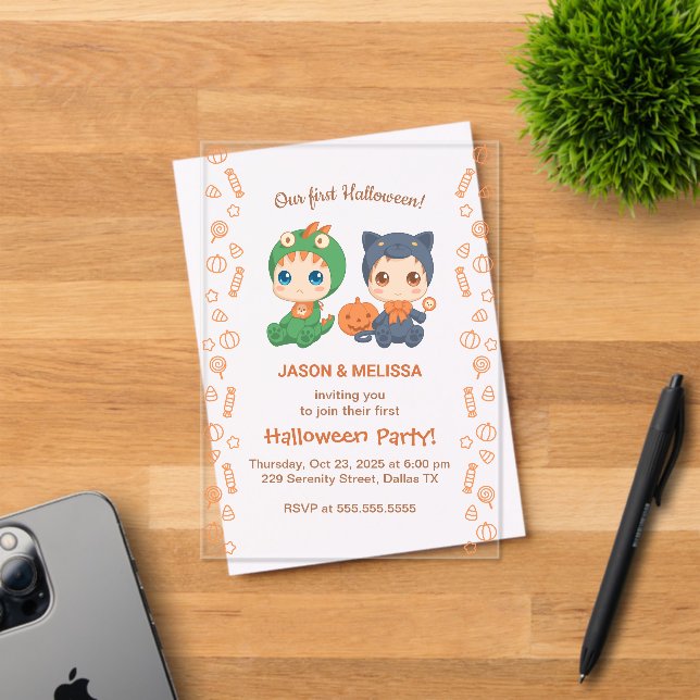 First Halloween Baby Twins Black Cat Dragon Party Acrylic Invitations (Insitu (Invitation Card))