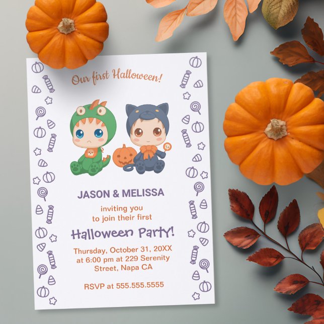 First Halloween Baby Twins Black Cat Dragon Party Letterpress Photo Cards (Creator Uploaded)