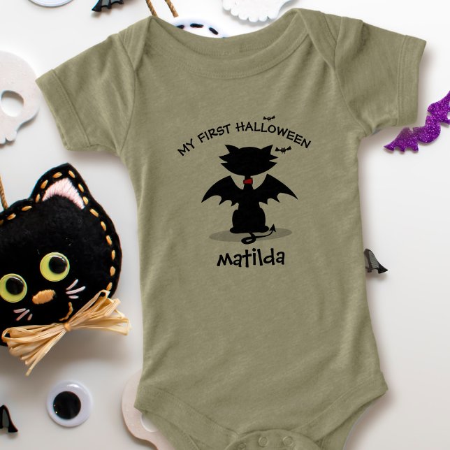 First Halloween Black Cat with Wings Baby Bodysuit (Cute black cat baby bodysuit for a 1st Halloween. Just add your name)