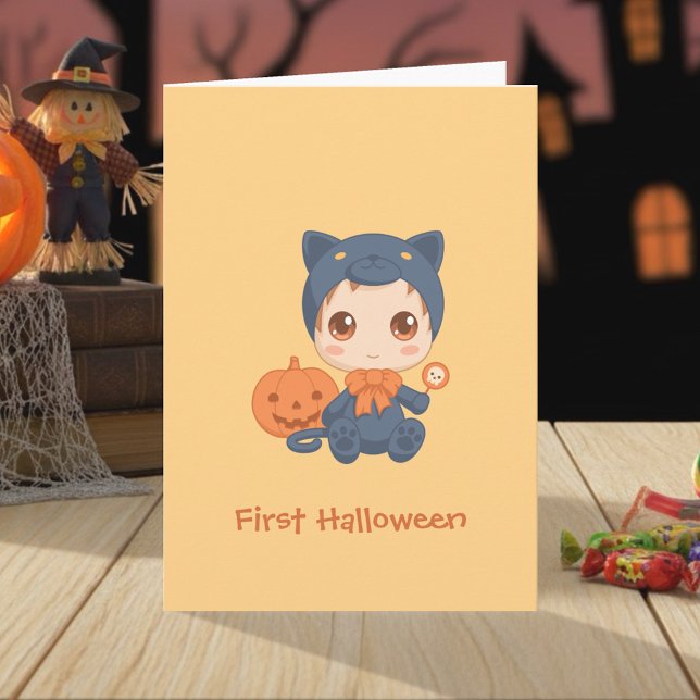 First Halloween Cute Baby Black Cat Costume Card (Creator Uploaded)