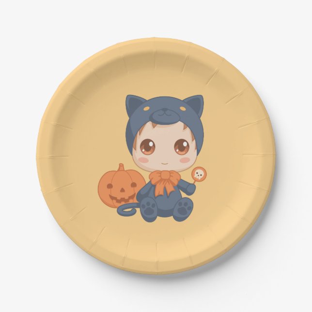 First Halloween Cute Baby Black Cat Costume Paper Plates (Front)