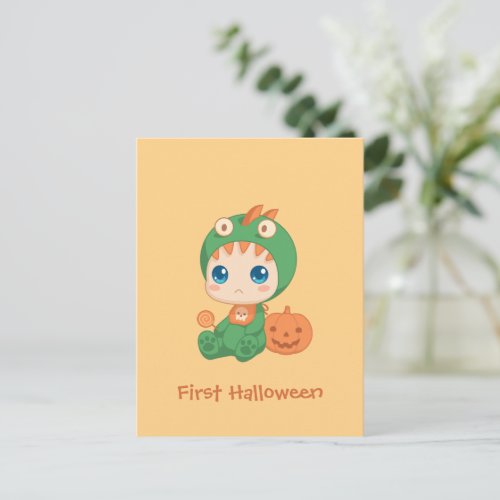 First Halloween Cute Baby Dragon Dinosaur Costume Postcard