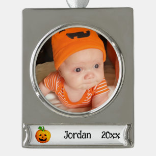 First Halloween Cute Pumpkin Personalize Name Silver Plated Banner Ornament