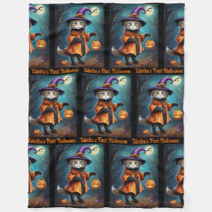 First Halloween Cute Witch Cat Add Baby Name Fleece Blanket