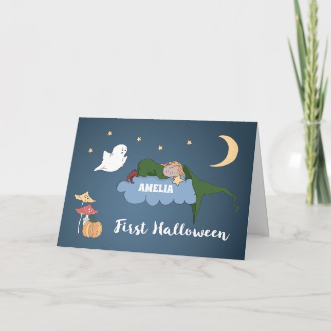 First Halloween Girl Sleeping on Cloud Personalize Card (Front)