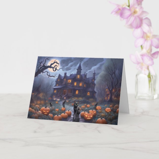 First Halloween in New Home Cute Haunted House Cat Card (Orchid)