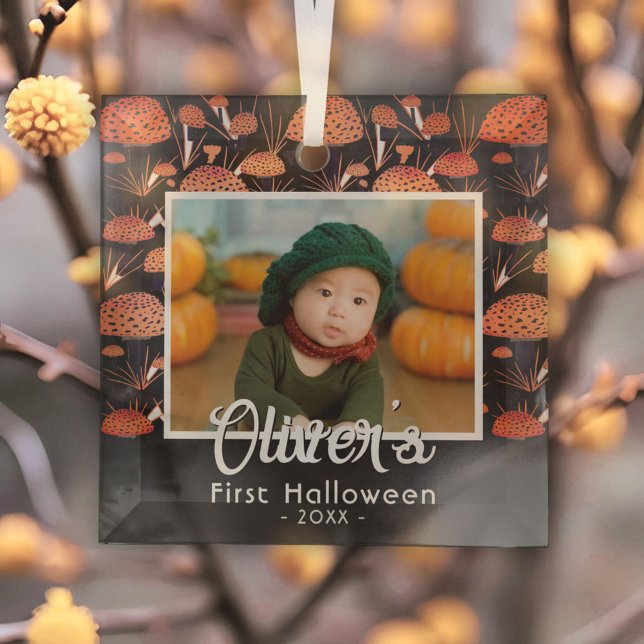 First Halloween Orange Mushroom Fall Photo Glass Ornament (Creator Uploaded)