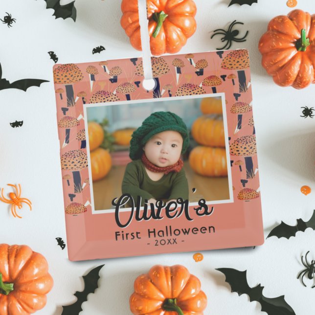 First Halloween Orange Mushroom Fall Photo  Glass Ornament (Creator Uploaded)