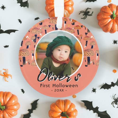 First Halloween Orange Mushroom Fall Photo Ornament