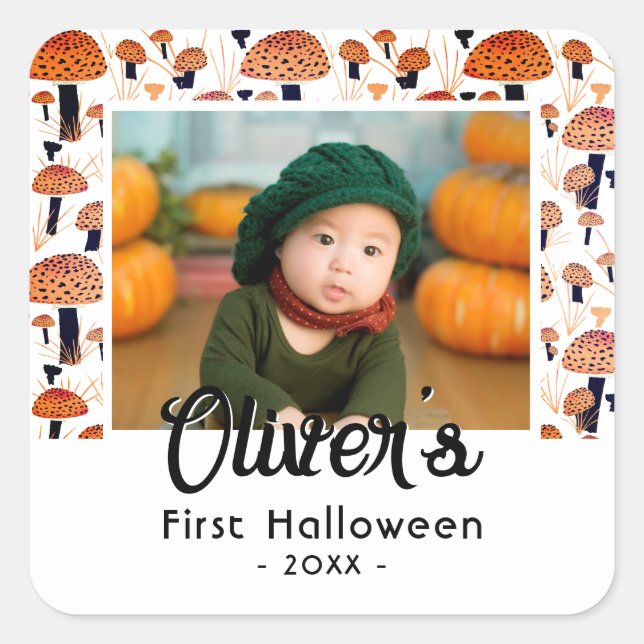 First Halloween Orange Mushroom Fall Photo  Square Sticker (Front)