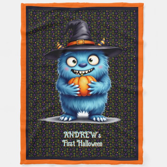 First Halloween Personalize Name Cute Monster Fleece Blanket (Creator Uploaded)