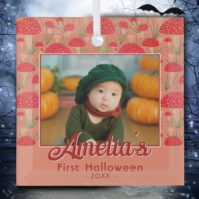 First Halloween Red Mushroom Fall Photo  Glass Ornament (Creator Uploaded)