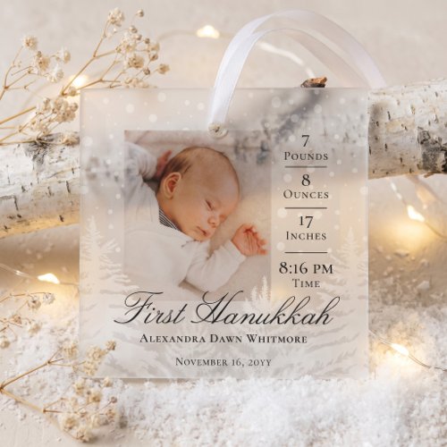 First Hanukkah Baby Birth Stats & Photo Keepsake Glass Ornament