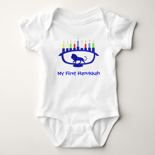 First Hanukkah Lion Menorah Baby Bodysuit (Front)