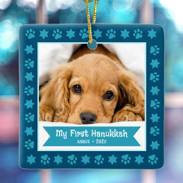 First Hanukkah Pet Puppy Photo Paws Stars Navy Ceramic Ornament