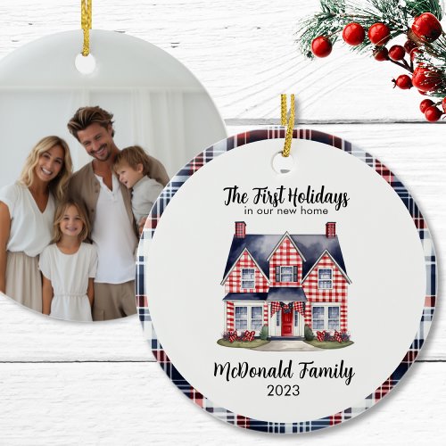 First Holidays In New Home Red Blue Navy Gingham Ceramic Ornament