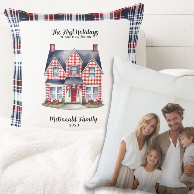 First Holidays New Home Rustic Lux Plaid Navy Red Throw Pillow (Navy Red White First Holidays in new home watercolor house name date pillow home decor rustic chic)