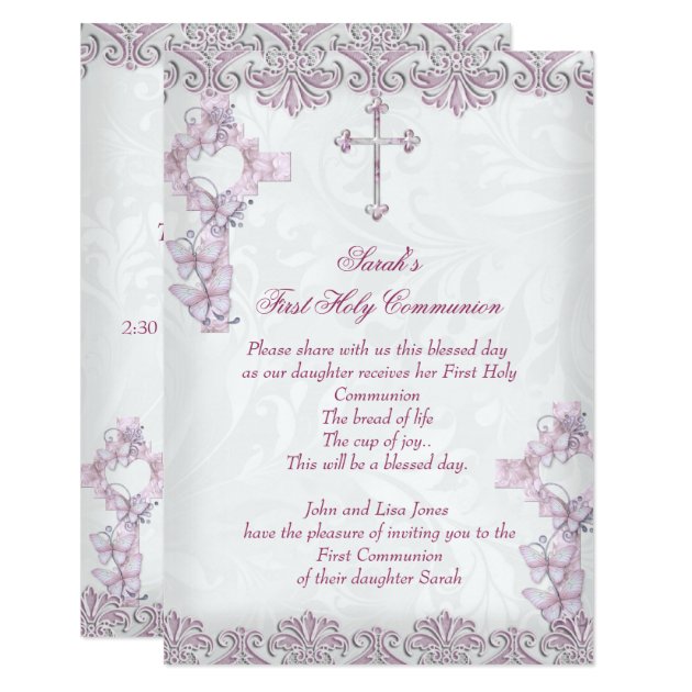 First Holy Communion 1st Cross Girls Damask Pink Invitation