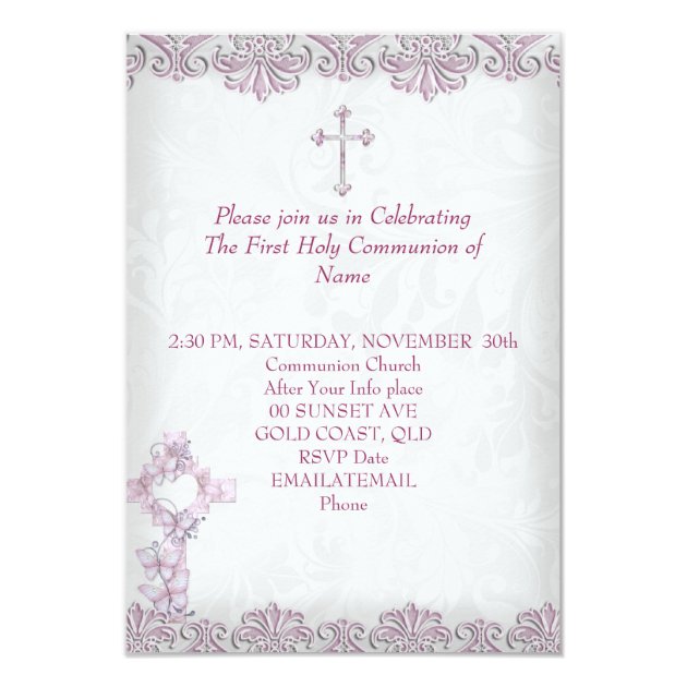 First Holy Communion 1st Cross Girls Damask Pink Invitation