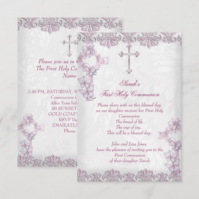 First Holy Communion 1st Cross Girls Damask Pink Invitation (Front/Back)