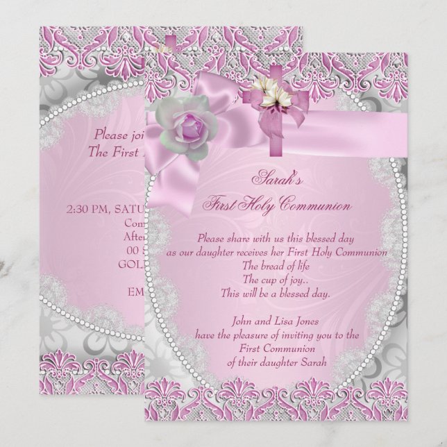 First Holy Communion 1st Cross Girls Pink Lace Invitation (Front/Back)