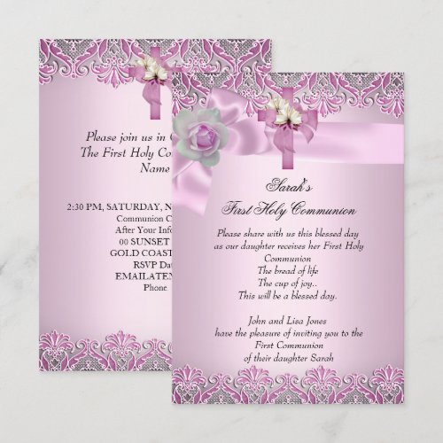 First Holy Communion 1st Cross Girls Pretty Pink Custom Invites