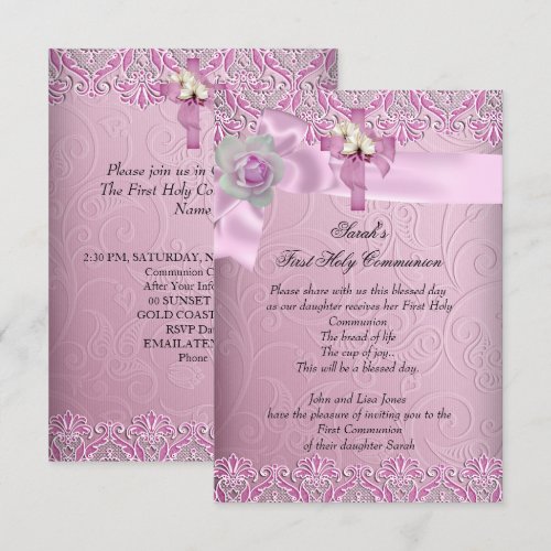First Holy Communion 1st Cross Girls Pretty Pink Custom Invitation