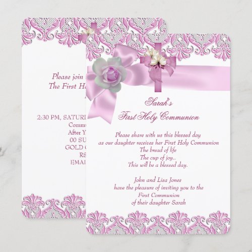 First Holy Communion 1st Cross Girls White Pink 2 Invitations