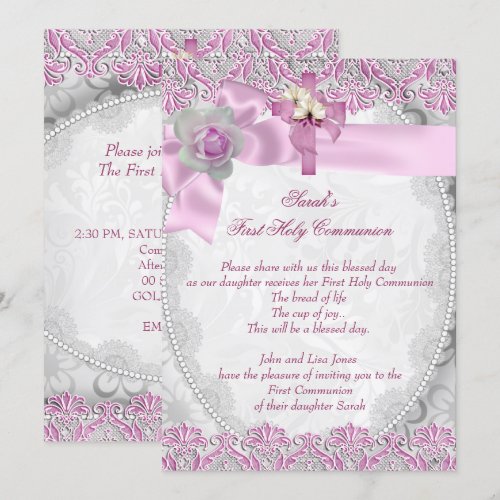 First Holy Communion 1st Cross Girls White Pink 3 Custom Invitation