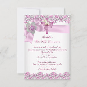 First Holy Communion 1st Cross Girls White Pink 3 Invitation
