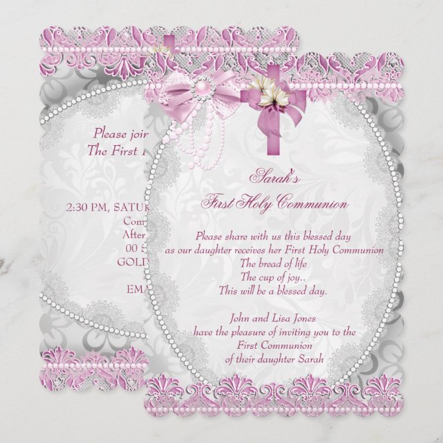 First Holy Communion 1st Cross Girls White Pink 4 Invitation (Front/Back)
