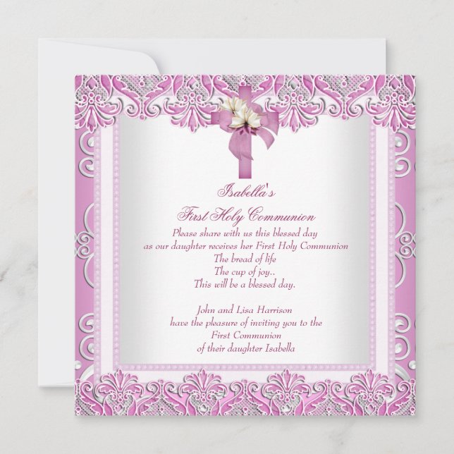First Holy Communion 1st Cross Girls White Pink 5 Invitation (Front)