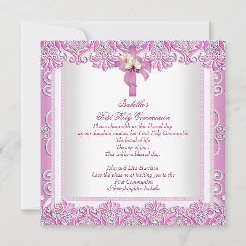 First Holy Communion 1st Cross Girls White Pink 5 Invitation