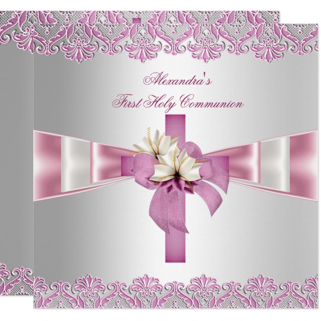 First Holy Communion 1st Cross Girls White Pink Invitation